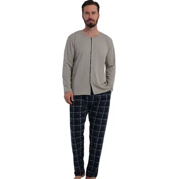Pánské pyžamo Pánské bavlněné pyžamo šedé s tmavě modrými károvanými kalhotami dlouhý rukáv 1P2022 šedá m