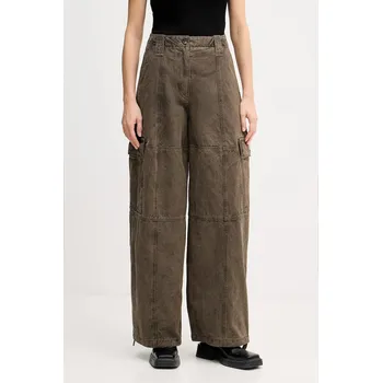 Dámské kalhoty Bavlněné kalhoty Kenzo Dyed Canvas Cargo Pants hnědá barva, široké, high waist, FE62PA0909GK.92 98X, vel. 36