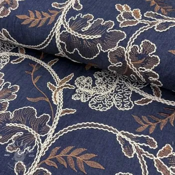Bavlněná látka JEANS Embroidery leaves dark blue
