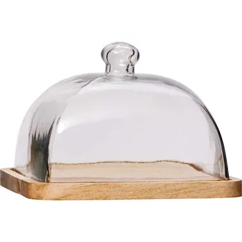 Chehoma Skleněný poklop s dřevěným prkénkem čtvercový 17 x 23 x 23 cm