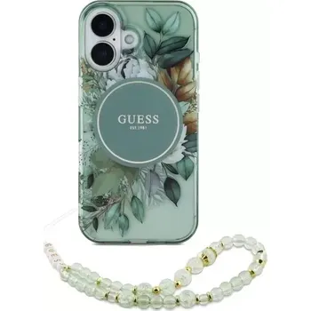 Pouzdro na mobilní telefon Pouzdro GUESS Flowers Pearl Strap MagSafe iPhone 16 Plus - green
