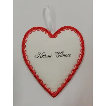 Látkové srdíčko bílé s červeným okrajem - Krásné Vánoce 1
