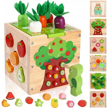 Dřevěná hračka HRAČKA DŘEVĚNÁ KOSTKA AKTIVIT MONTESSORI VZDĚLÁVACÍ 49 KUSŮ BAREVNÁ