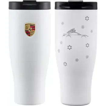 PORSCHE XL Thermal Travel Cup Winter Edition Termoska v zimním dekoru sněhových vloček s logem a znakem bílá 900ml (Vysoce kvalitní, extra velký termohrnek Porsche na teplé i studené nápoje)