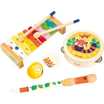 Dřevěná hračka Janod Gioia Dřevěná sada hudební nástroje flétna-tamburína-xylofon-kastaněty