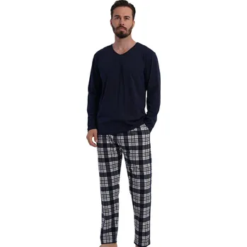 Pánské pyžamo Pánské pyžamo tmavě modré s véčkem a šedomodrým kárem 1P2021 modrá xl