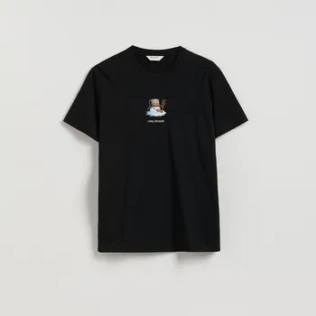 Pánské tričko Reserved - Tričko střihu regular s plastickým vánočním potiskem - černý - 685HO-99X - 685HO-99X-L