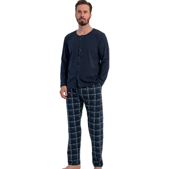 Pánské pyžamo Pánské bavlněné pyžamo tmavě modré s károvaným vzorem dlouhý rukáv a nohavice 1P2019 modrá m