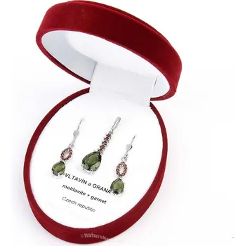 Souprava šperků Exkluzivní sada šperků s vltavíny a granáty Ag 925/1000+Rh (standard brus)