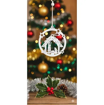 Vánoční ozdoba kurnikarna.cz Dřevěná vánoční ozdobička "betlém v kouli" (10x12cm) - bílá