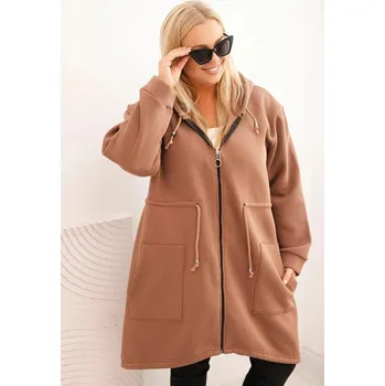 Dámská mikina Bavlněná oversize mikina s kapucí, zipem a šněrováním v pase model 7044 hnědá