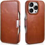 iCarer Knížkové pouzdro na iPhone 16 - iCarer, Oil Wax Real Leather MagSafe Brown 11.01.WMI16240713-BN