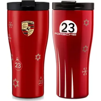 PORSCHE Thermal Travel Cup 917 Salzburg Winter Edition Termoska sytě červená v zimním dekoru sněhových vloček 460 ml (Dvoustěnný termohrnek Porsche vyrobený z nerezové oceli)