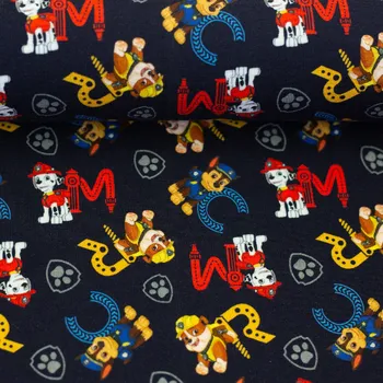 Bavlněný úplet - Tlapková patrola a písmenka na tmavě modré