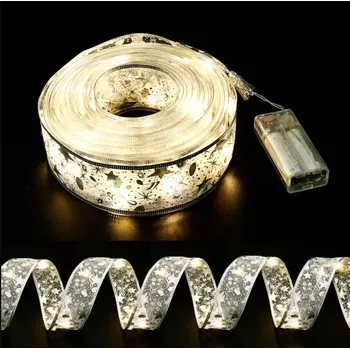 Vánoční dekorace Vánoční stuha s LED ozdobami 2M - stříbrná