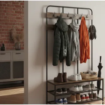 Botník Volně stojící věšák na oblečení s háčky a policemi – 100 x 40 x 186 cm