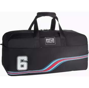 Cestovní taška PORSCHE Travel bag MARTINI RACING® Taška cestovní sportovní s popruhem černá s ikonickými červenomodrými pruhy (Prostorná cestovní taška s rukojetí a nastavitelnými ramenními popruhy.)