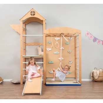 Dětské hřiště Montessori Furniture Montessori dětské hřiště Tower Climbing s rampou a skluzavkou wood/pastel