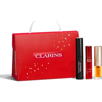 Kosmetika Clarins Make-up Iconic Clarins Wonder Perfect Mascara 4D Black objemová a prodlužující řasenka 3 ml + Clarins Water Lip Stain 03 matný lesk na rty s hydratačním účinkem 2,8 ml + Clarins Lip Comfort Oil 01 olej na rty s hydratačním účinkem 2,8 ml kosmetick