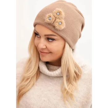 Čepice Elegantní dámská čepice s ozdobnými kožešinkovými květy model CZ14 barva fango