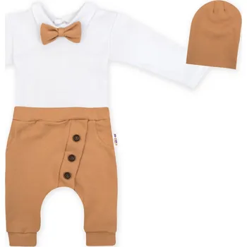 Kojenecký body Baby Nellys 3-dílná sada Hubert, body s motýlkem dl.rukáv, tepláčky a čepička - hnědá Velikost: 92 (18-24m)