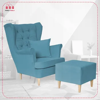 Křeslo Křeslo ušák Gaja s podnožkou, skandinávský styl, Family Mebl, světle modré