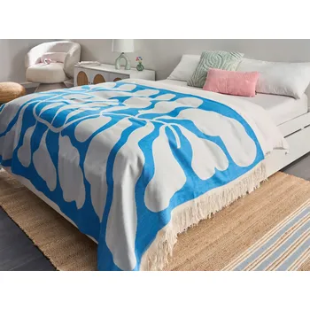 Přehoz na lůžko Deka modrá šedá akryl polyester 130 x 170 cm přehoz na postel květinový vzor třásně obývák ložnice Beliani