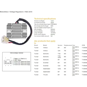 Elektroinstalace pro motocykl DZE regulátor napětí TRIUMPH AMERICA 790/865 02-17; BONNEVILLE 865 02-17; SCRAMBLER/SPEEDMASTER 865 02-17; TT 600 00-03 (T1300889, T1300888) (ESR547) (DZE regulátor napětí TRIUMPH AMERICA 790/865 02-17; BONNEVILLE 865 02-17; SCRAMBLER/SPEEDMASTER 865 02-1