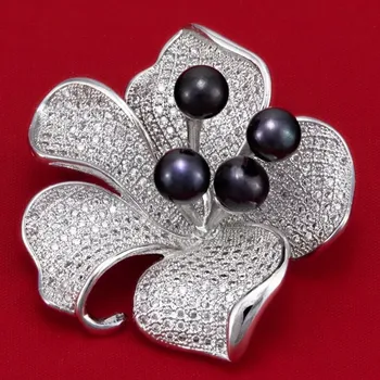 Brož Brož s květinou s černými perlami, cca 40 x 40 mm (BP3026K)