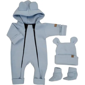 Kojenecká souprava Kazum Oteplený dětský overal bez šlapek s kapucí, čepička + botičky, 3D, Kazum, modrý Velikost: 56 (1-2m)