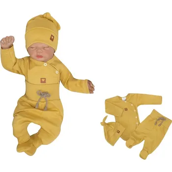 Kojenecké oblečení Z&Z 3-dílná soupravička body, polodupačky s provázkem a čepička - hořčicová Velikost: 68 (3-6m)