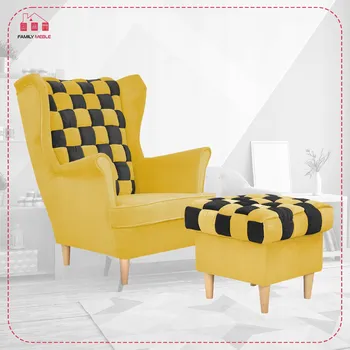 Křeslo Křeslo ušák Carol Duo s podnožkou, skandinávský styl Family Meble, žlutá/černá