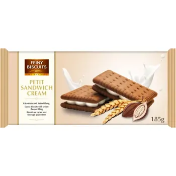 Kakaové sušenky s náplní FEINY BISCUITS 185 g PETIT SANDWICH CREAM (rakouské hranaté sušenky slepené krémovou smetanovou a čokoládovou náplní)