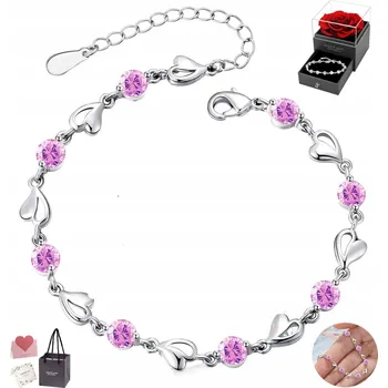 Náramek SREBRNA Bransoletka Damska Cyrkonie DIAMANTOVÉ srdce 18-22 cm