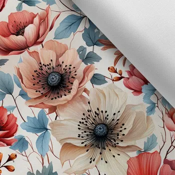Látka s potiskem nepromokavý polyester TD/NS květiny s modrými listy
