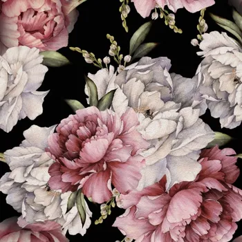 Strečový satén pivoňky na černém