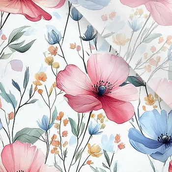 Umělé hedvábí / silky mírně elastické červenomodré luční květiny