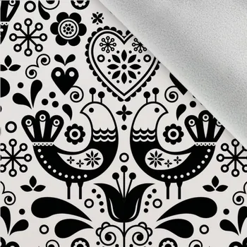 Látka softshell zimní lidové ptáčky vzor 6 černé na bílém