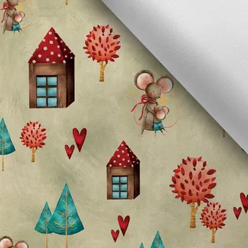 Látka s potiskem kočárkovina TD/NS země myšek na béžové