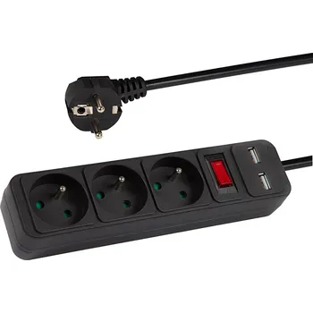 Prodlužovací kabel Síťový prodlužovač PR-370WSP/USB 3-Zásuvky+USB s uzemněním+vypínač 3m ČERNÝ 3x1,5mm