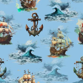 Látka na plavky, fitness oblečení s UV ochranou pirátské lodě modré