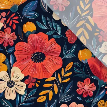 Umělé hedvábí / silky mírně elastické barevné květiny na tmavě modré