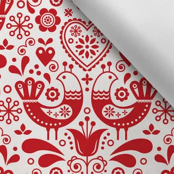 Látka s potiskem kočárkovina TD/NS ptáčky červené na bílém