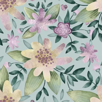 Strečový satén pastelové květy na mentolové