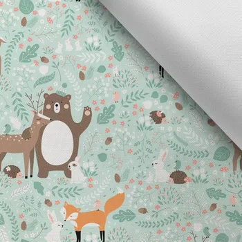 Látka s potiskem kočárkovina TD/NS zvířátka v lese na mátovém podkladě