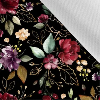 Látka gabardén light zlaté květiny černé