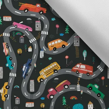 Látka s potiskem kočárkovina TD/NS barevná auta na šedé cestě