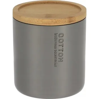 Úložný box NÁDOBA NA VATOVÉ TYČINKY POLYRESIN S BAMBUSOVÝM VÍKEM Ø 9,5 CM ŠEDÁ SAVA