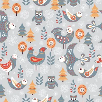 Látka softshell zimní folklore birds in grey se šedým fleecem