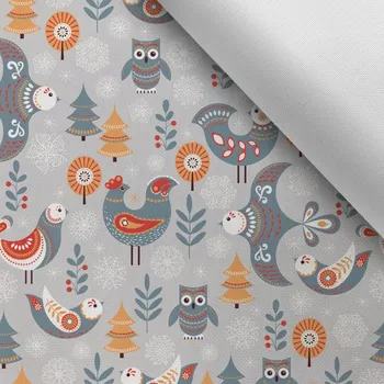 Látka s potiskem kočárkovina TD/NS folklors birds in grey